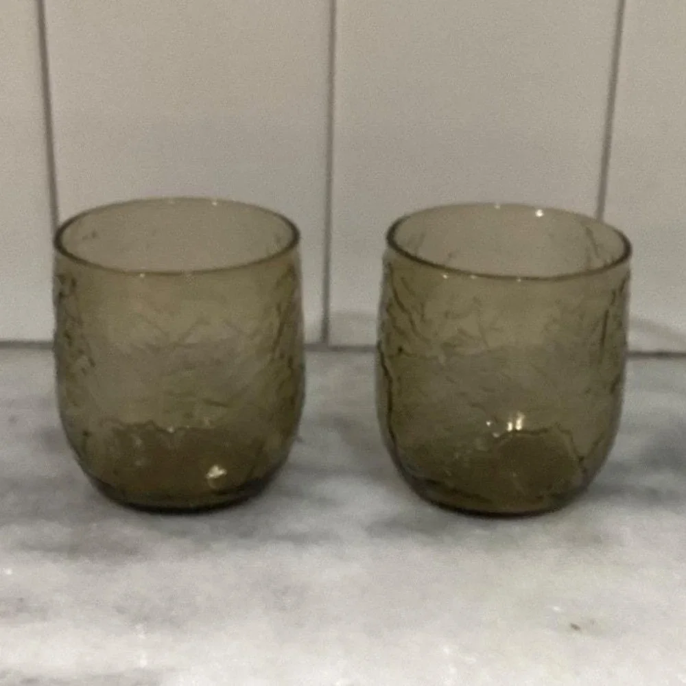 Anchor Hocking‎ Sherwood Spicy Brown Lowball Glasses, Set of 2, Vtg Leaf Design